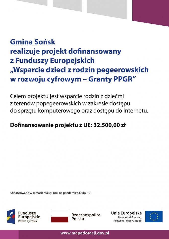 Gmina Sońsk realizuje projekt dofinansowany z Funduszy Europejskich 